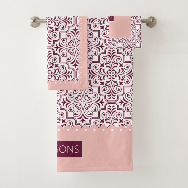 Burgundy damask pattern, blush scalloped borders bath towel set (Insitu)