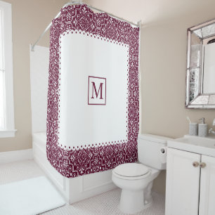 Burgundy damask pattern, white frame with monogram shower curtain