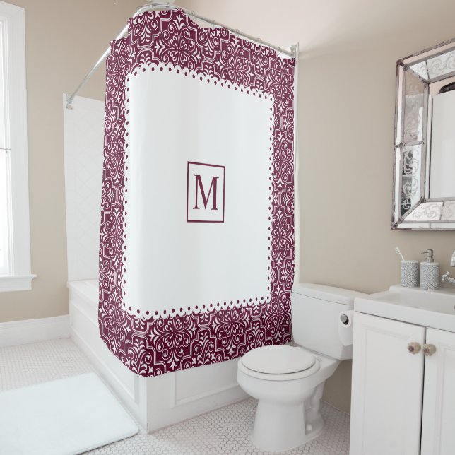 Burgundy damask pattern, white frame with monogram shower curtain (In Situ)