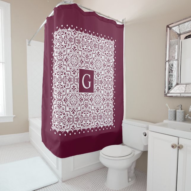 Burgundy damask, scalloped borders and monogram shower curtain (In Situ)