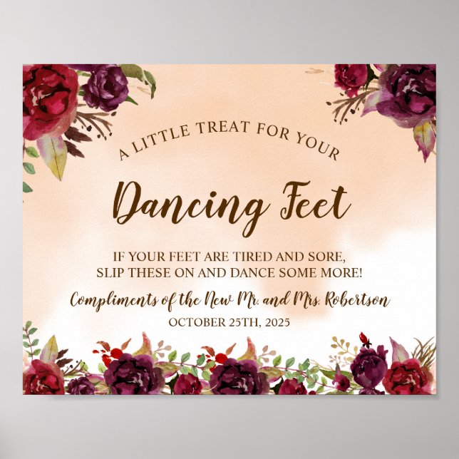 Burgundy Dancing Feet Flip Flops Wedding Sign (Front)