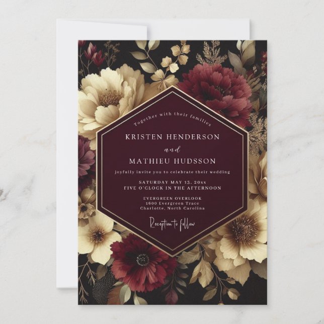 Burgundy Dark Floral Wedding Invitation (Front)