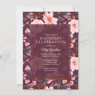 Burgundy Dark Red Floral   Vintage Maroon Birthday Invitation