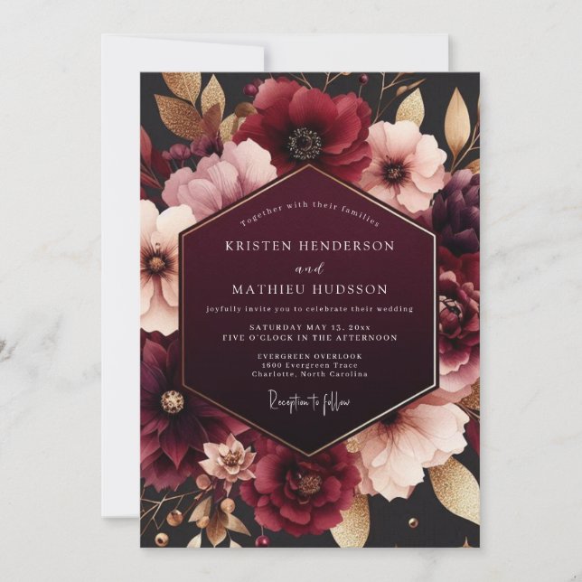 Burgundy Deep Bloom Romance Wedding Invitation (Front)