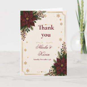 Burgundy Deep Green Winter Wedding Thank You Card