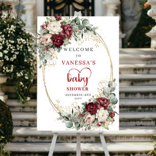 Burgundy Deep Red Floral Baby Shower Welcome Poster