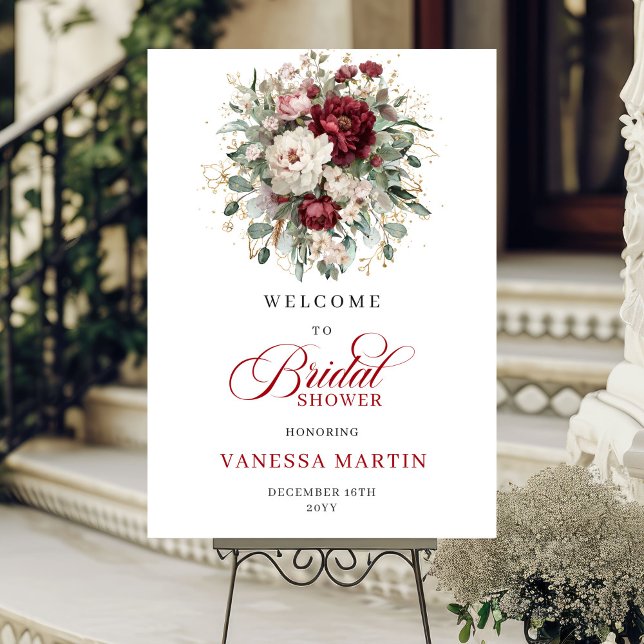 Burgundy Deep Red Floral Bridal Shower Welcome Poster (Burgundy Deep Red Floral Bridal Shower Welcome)
