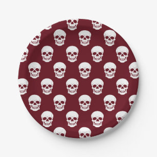 Burgundy Deep Red Skull Pattern Spooky Halloween Paper Plate