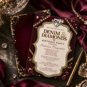 Burgundy Denim & Diamonds Birthday Party Elegant Invitation