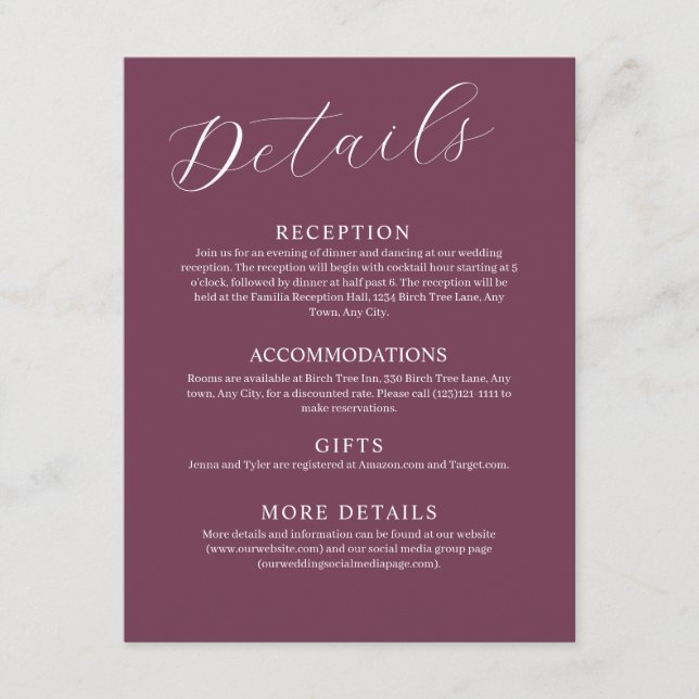 Burgundy Details Large Wedding Enclosure Card (Front)