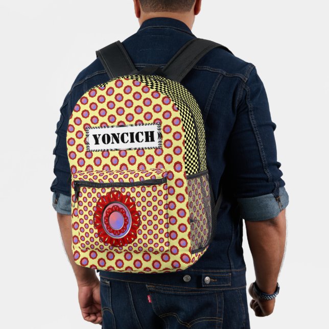 Burgundy Disc Ribbon by Kenneth Yoncich Printed Backpack (Insitu (Model))