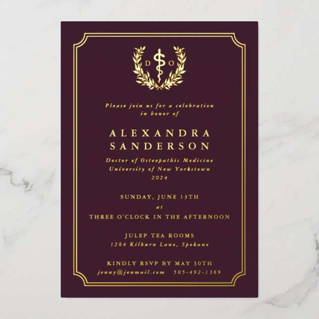 Burgundy Doctor of Osteopathic Medicine Graduation (Front)