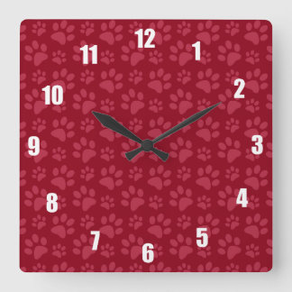 Burgundy dog paw print pattern square wall clock