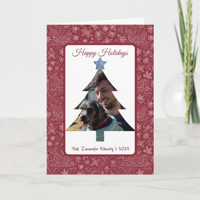 Burgundy Doodle Christmas Sleigh Pattern Holiday Card (Front)