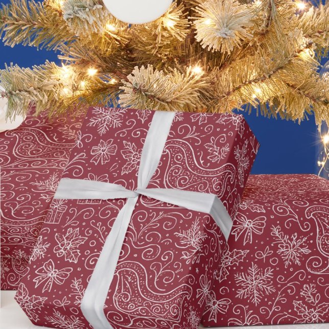 Burgundy Doodle Christmas Sleigh Pattern Wrapping Paper (Creator Uploaded)