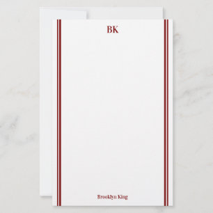Burgundy Double Lines Monogram & Name Stationery