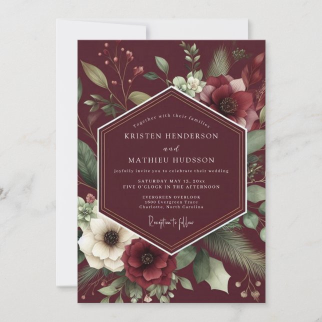 Burgundy Dramatic Anemone Wedding Invitation (Front)