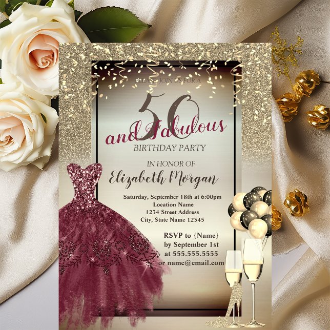 Burgundy Dress,Ballons,50th Birthday Party Invitation (Creator Uploaded)