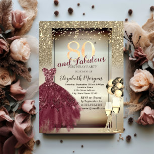 Burgundy Dress,Balloons,Glitter 80th Birthday Invitation