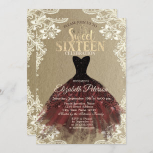 Burgundy Dress,Crown,Lace Kraft Sweet 16 Party Invitation