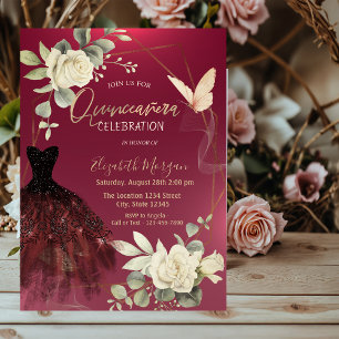 Burgundy Dress Roses Buttefflies Quinceañera Invitation