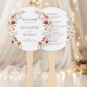 Burgundy Dried Flower Wreath Fall Wedding Program Hand Fan