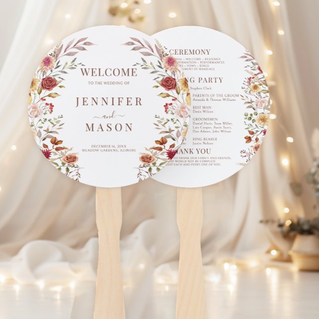 Burgundy Dried Flower Wreath Fall Wedding Program Hand Fan (Creator Uploaded)