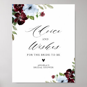 burgundy dusty blue bridal shower advice wishes poster