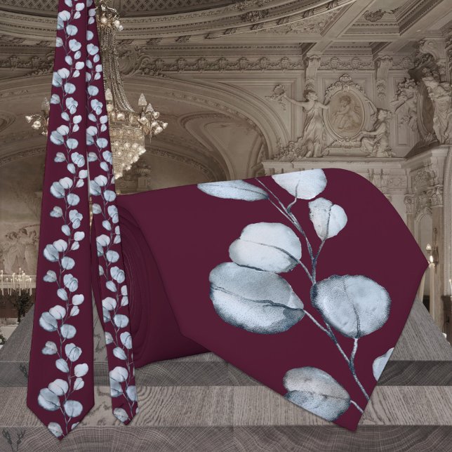 Burgundy Dusty Blue Eucalyptus Greenery Wedding Tie (Creator Uploaded)