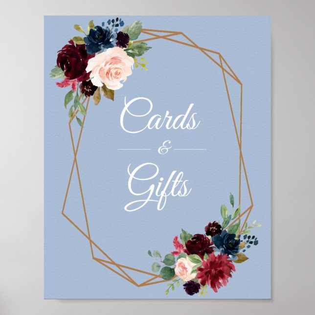 burgundy dusty blue floral Cards & Gifts sign (Front)