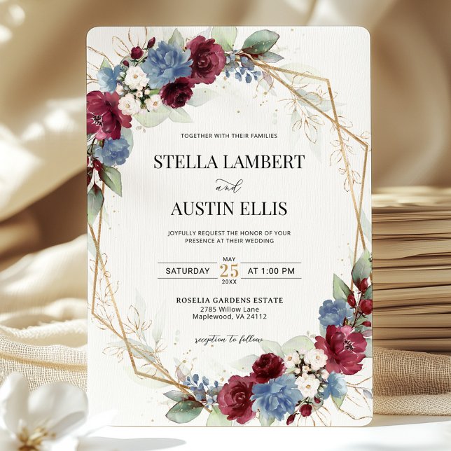 Burgundy Dusty Blue Floral Geometric Wedding  Invitation (Creator Uploaded)