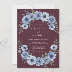 Burgundy Dusty Blue Floral Romance Wedding Invitation