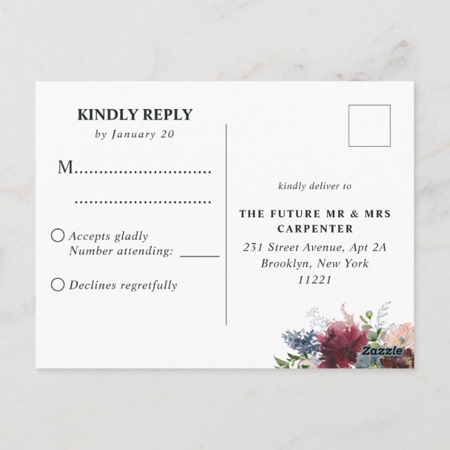 Burgundy Dusty Blue Floral Watercolor Wedding RSVP Postcard (Back)