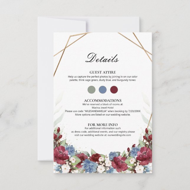 Burgundy Dusty Blue Floral Wedding Insert Card   (Front)