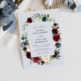 burgundy dusty blue floral wedding invitation
