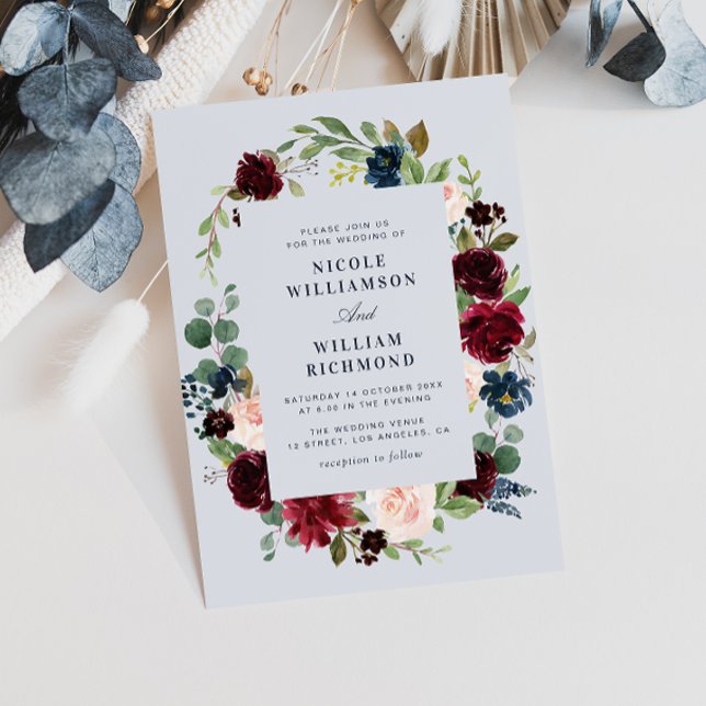 burgundy dusty blue floral wedding invitation (Creator Uploaded)