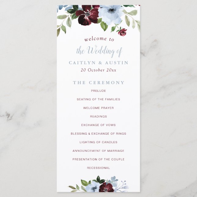 burgundy dusty blue floral wedding program programme (Front)