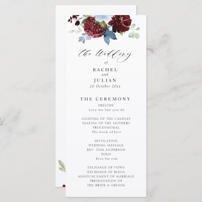 burgundy dusty blue floral wedding program programme (Front/Back)