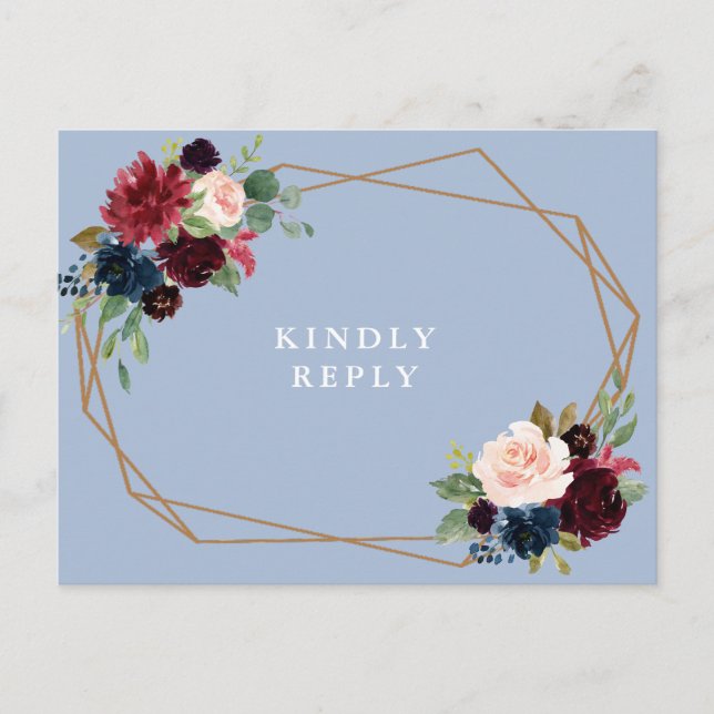 burgundy dusty blue floral wedding RSVP  Postcard (Front)