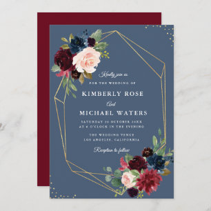 Burgundy & Dusty blue gold geometric wedding Invitation