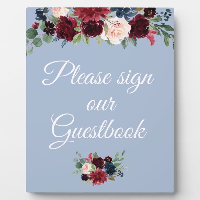 burgundy dusty blue guestbook wedding sign plaque (Front)
