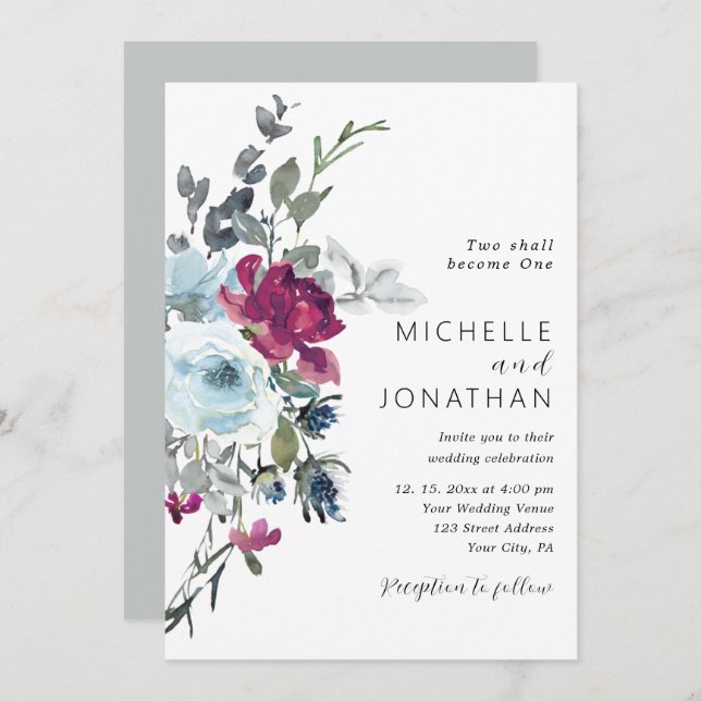 Burgundy Dusty Blue Rose Floral Christian Wedding Invitation (Front/Back)