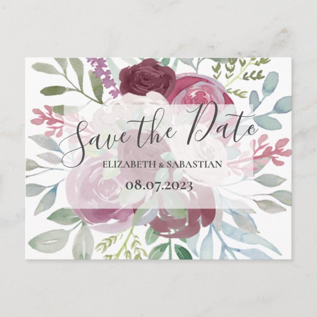 Burgundy & Dusty Blue Watercolor Save The Date  Announcement Postcard (Front)