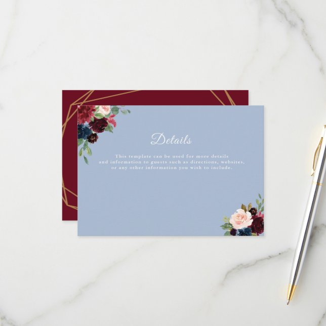 burgundy dusty blue wedding details card (Front/Back In Situ)