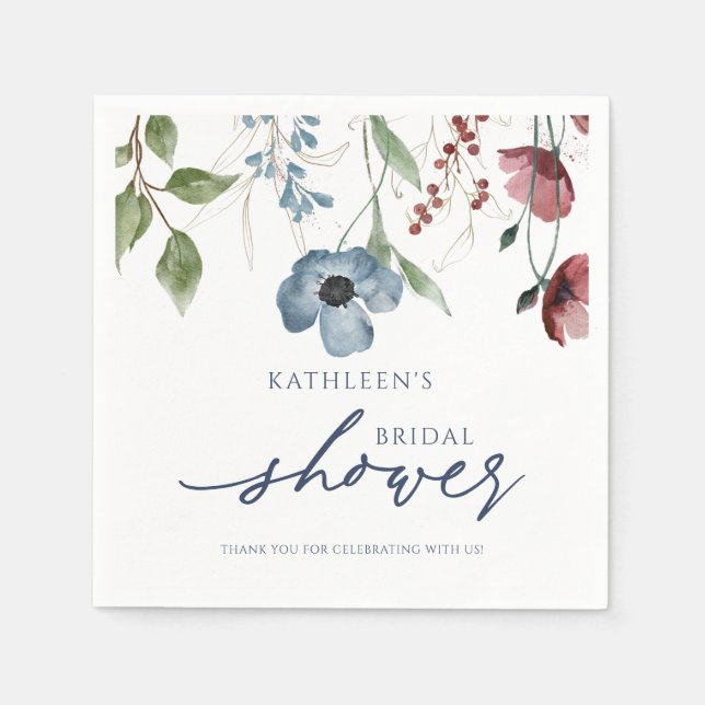 Burgundy & Dusty Blue Wildflowers Bridal Shower Napkin (Front)