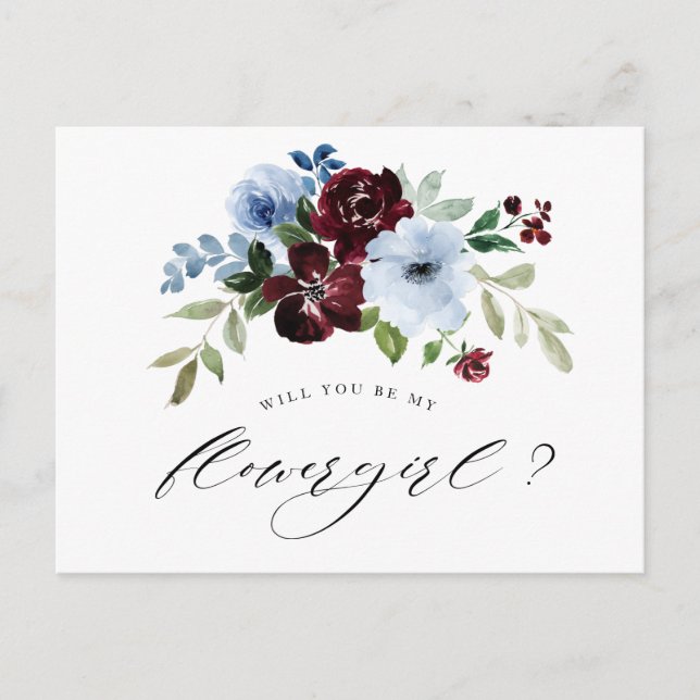 burgundy dusty blue will you be my flowergirl card (Front)
