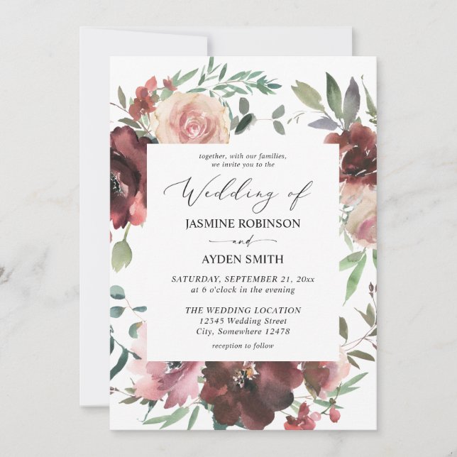 Burgundy & Dusty Blush Pink 5 Floral  Invitation (Front)