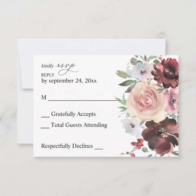 Burgundy & Dusty Blush Pink 5 Floral no Meal RSVP Card (Front)