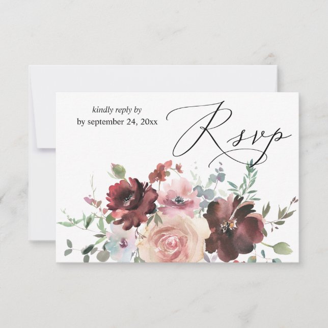 Burgundy & Dusty Blush Pink 5 Floral with Meal RSVP Card (Front)