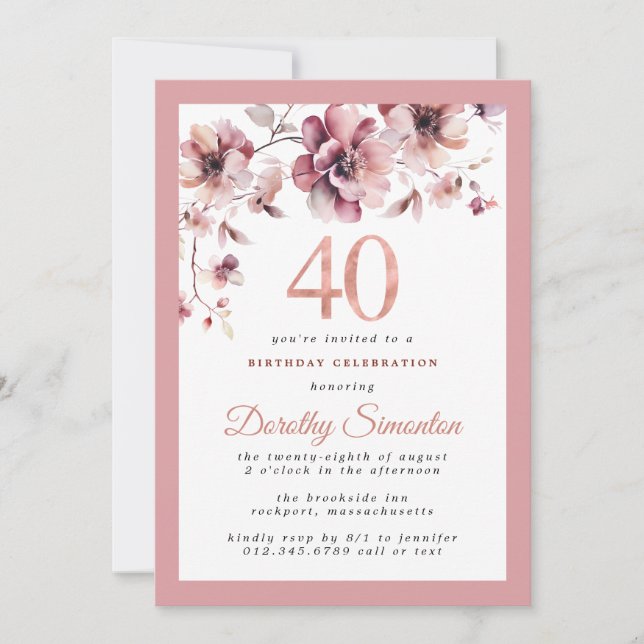 Burgundy Dusty Blush Pink Floral 40th Birthday Invitation (Front)